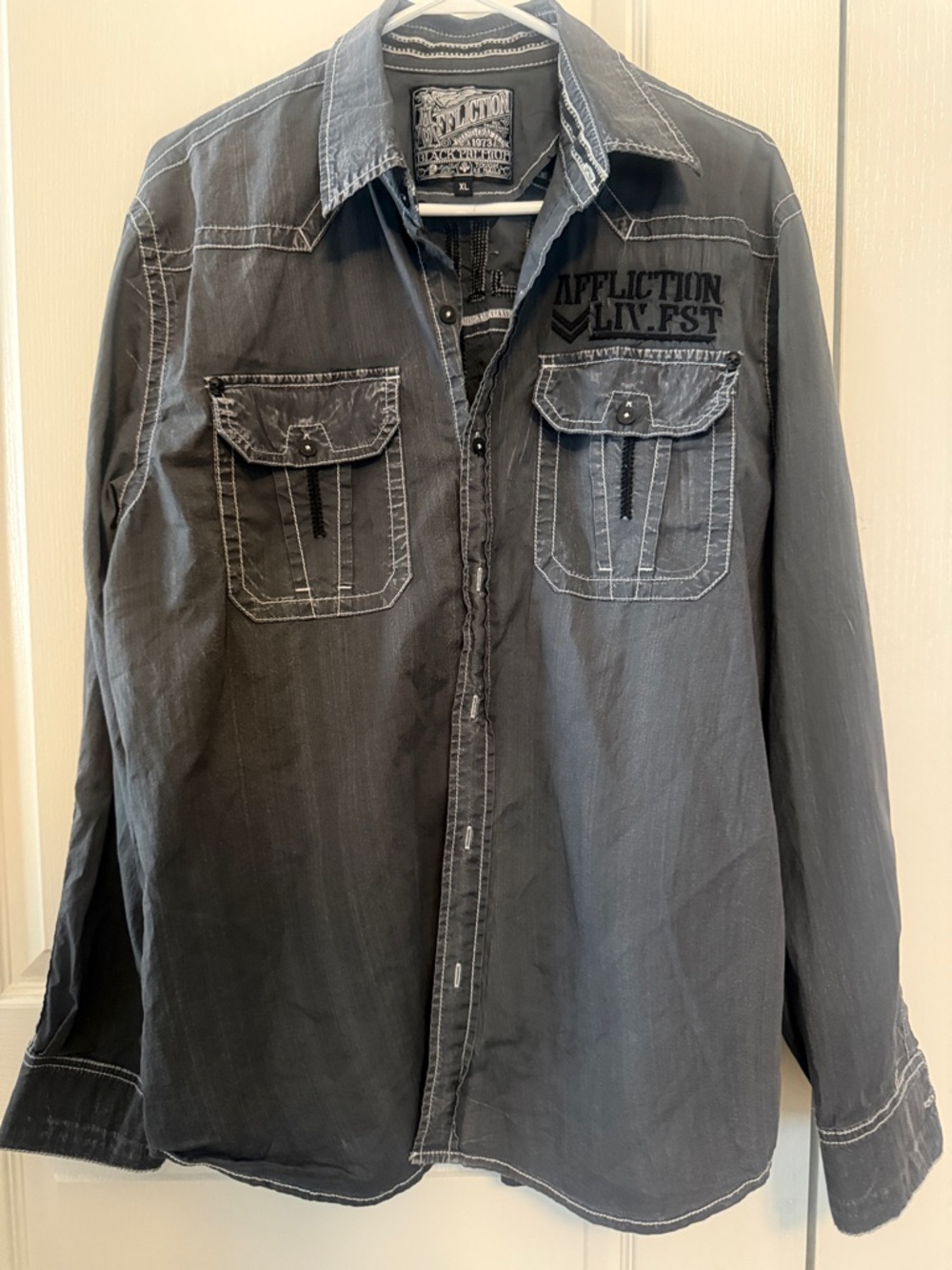Affliction Black Button-Down Shirt with White Contrast Stitching - XL